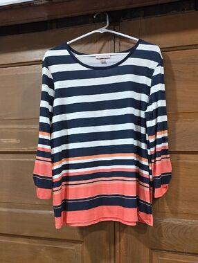 Striped Scoop-Neck Long Sleeve Top - Navy, Cream & Coral
